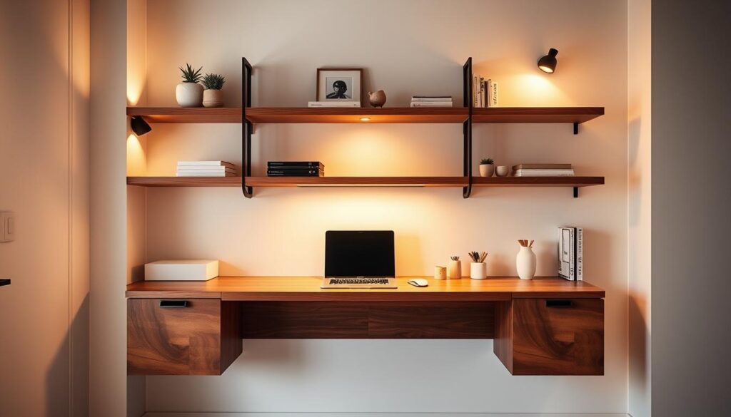 A beautifully lit, minimalist workspace with a wall-mounted, fold-down wooden desk and shelving system. The desk effortlessly folds out from the wall, revealing a sleek, uncluttered work surface. Floating shelves above hold essential office supplies and decor, creating a harmonious, compact solution for the modern, urban home. Warm, diffused lighting from sconces casts a cozy glow, while a large window behind the desk offers natural illumination. The scene conveys a sense of streamlined efficiency and stylish functionality.