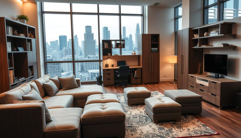 A cozy and space-efficient urban living room showcasing a range of compact furniture solutions. In the foreground, a modular sofa with built-in storage compartments and foldable ottomans that can be used as additional seating or coffee tables. In the middle ground, a multifunctional wall unit with shelves, cabinets, and a fold-down desk for a home office setup. The background features large windows overlooking a vibrant city skyline, with soft, warm lighting illuminating the scene. The overall atmosphere is one of clever, space-saving design that seamlessly integrates functionality and style, perfectly suited for the challenges of urban living.