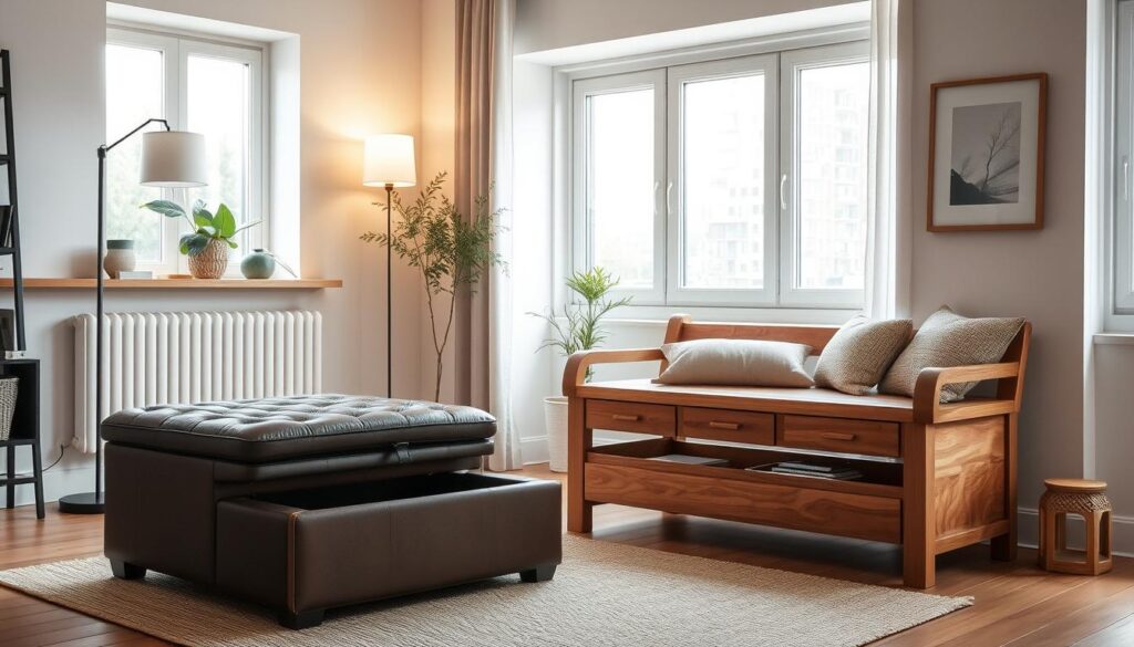 A cozy, well-lit living room showcases a multifunctional storage ottoman and bench. The ottoman's plush, tufted leather surface doubles as a comfy footrest and hidden storage compartment. The accompanying bench, crafted from warm oak and featuring ample interior space, serves as both a stylish seating option and a versatile storage solution. Soft, diffused lighting from a floor lamp and large windows creates a soothing, inviting atmosphere, while a minimalist, Scandinavian-inspired decor palette complements the functional yet elegant furniture pieces. The arrangement effortlessly blends form and function, making the most of limited urban living space.