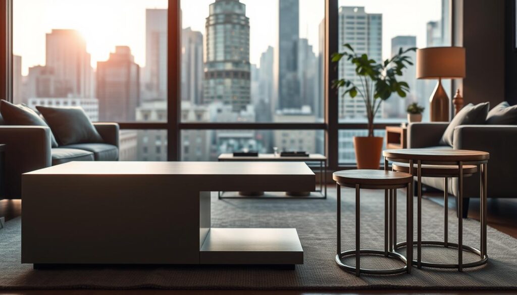 A cozy, well-lit urban living room with a sleek modular coffee table and a pair of nesting side tables in the foreground. The coffee table features a modern, minimalist design with clean lines and a smooth, matte finish, allowing it to serve as both a functional surface and a stylish accent piece. The nesting tables have a similar aesthetic, with a mix of wood and metal elements that complement the overall aesthetic. In the background, a large window frames a bustling city skyline, bathing the scene in warm, natural light. The overall atmosphere is one of sophistication and functionality, capturing the essence of versatile urban home furniture.