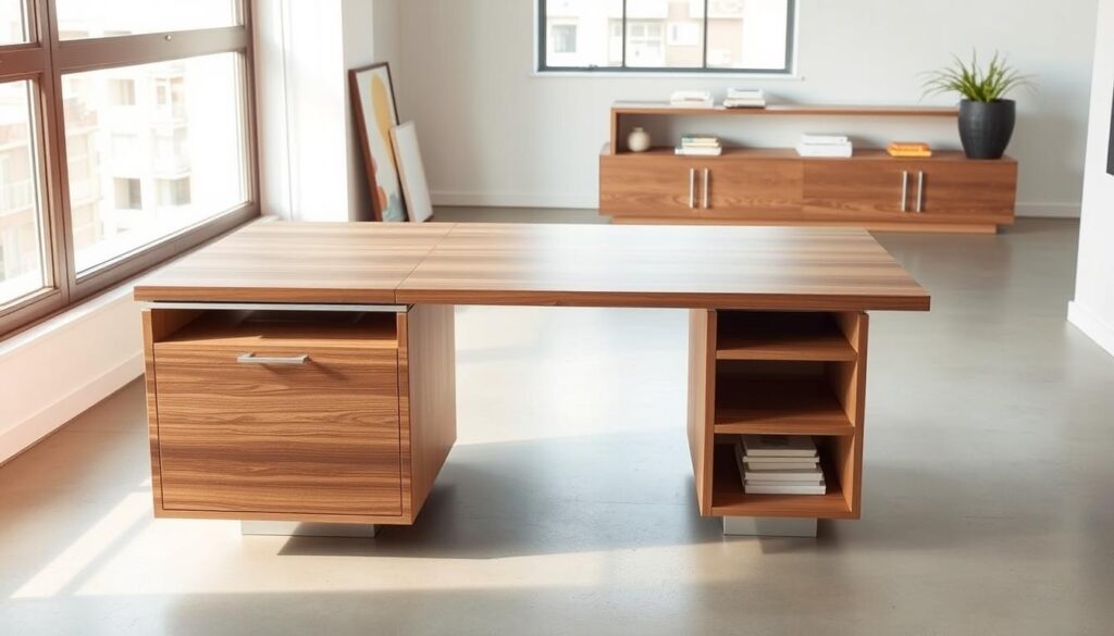 A modern, minimalist console table gracefully transforms into a stylish dining table. Sleek wooden surfaces glide and extend, revealing hidden compartments. Smooth metal accents and clean lines create an elegant, functional piece. Soft, natural lighting casts a warm glow, highlighting the table's versatile design. The scene is set against a backdrop of a modern, urban loft with large windows and a neutral color palette. A minimalist, Scandinavian-inspired atmosphere pervades the space, emphasizing the table's adaptable, space-saving qualities.