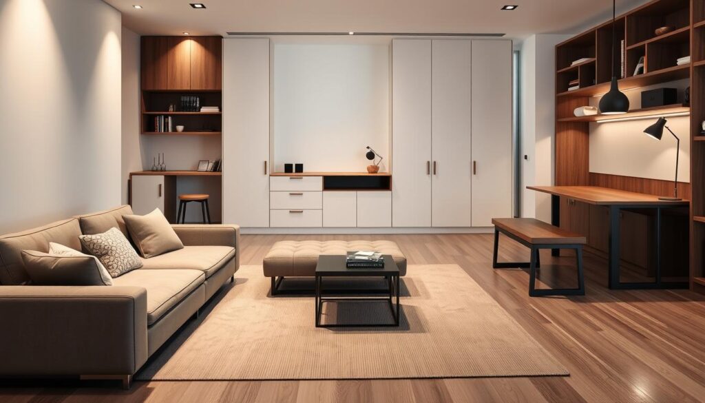 A modern, minimalist living room with a variety of multifunctional furniture pieces. In the foreground, a sleek, modular sofa with built-in storage and a folding table that can be used as a coffee table or a small dining surface. Behind it, a wall-mounted, adjustable desk that can be used as a workspace or a vanity. In the middle ground, a convertible ottoman that doubles as a coffee table and extra seating, and a storage unit with sliding doors that can hide a TV or serve as a bookshelf. In the background, a compact, height-adjustable dining table with integrated bench seating, perfect for small urban spaces. Soft, warm lighting illuminates the room, creating a cozy, sophisticated ambiance.