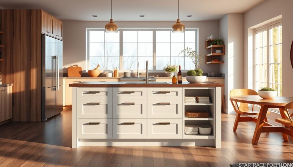 A modern, well-equipped kitchen island or cart with a sleek, minimalist design. Featuring ample counter space, built-in storage drawers and shelves, and integrated appliances like a cooktop or sink. Bathed in warm, natural lighting from large windows, casting a cozy, inviting ambiance. The island is situated in a spacious, open-concept kitchen with a mix of contemporary and rustic design elements. Stainless steel hardware, wood accents, and a light color palette create a stylish, multifunctional centerpiece for the kitchen.