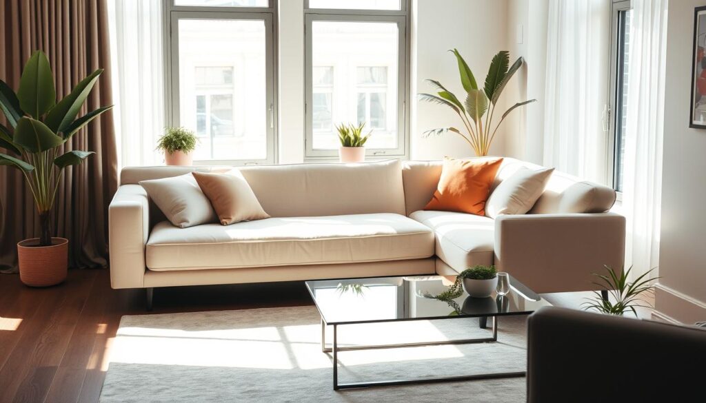 A plush, luxurious convertible sofa bed in a bright, airy living room. The sofa is upholstered in a soft, neutral tone that complements the minimalist decor. Sunlight streams in through large windows, casting a warm glow and highlighting the sofa's clean lines and elegant silhouette. The sofa effortlessly transforms into a comfortable bed, perfect for overnight guests or late-night relaxation. Accent pillows in complementary shades add visual interest, while a sleek, modern coffee table and potted plants complete the stylish, urban setting.