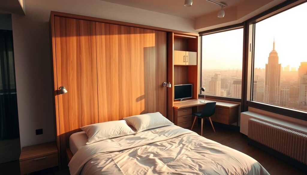 A spacious loft apartment with a prominent Murphy bed in the foreground, seamlessly integrated into the wall. The bed is framed by minimalist wood paneling and sleek, modern lighting fixtures. In the middle ground, a hidden desk and storage compartment emerge from the same wall, creating a multifunctional workspace. The background features a large window overlooking a bustling city skyline, bathed in warm, golden-hour lighting. The overall scene exudes a sense of urban sophistication and efficient use of limited space.