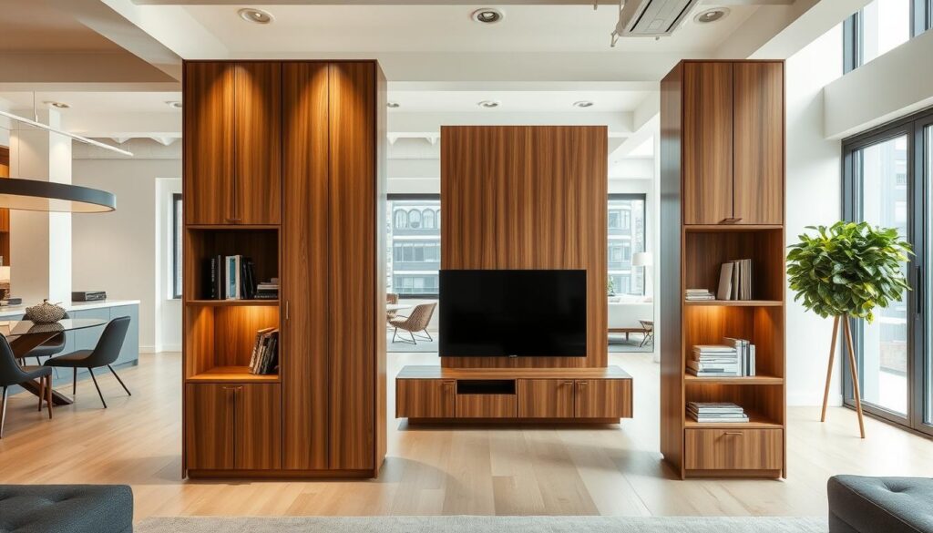 A stylish, contemporary multi-purpose room divider with built-in storage compartments. The divider features a sleek, minimalist design with a warm wood grain finish, complemented by clean lines and a neutral color palette. Discreet shelving units flank the sides, providing ample storage space for books, decor, and small items. Soft, diffused lighting emanates from recessed fixtures, creating a cozy, inviting atmosphere. The divider is positioned in a bright, airy urban loft, with large windows allowing natural light to flood the space. The divider seamlessly blends form and function, serving as both a functional storage solution and a striking design element.