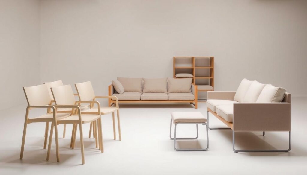 A well-lit studio scene showcasing a selection of stackable and nesting seating options. In the foreground, a set of modern, minimalist chairs with clean lines and neutral tones, designed to be easily stacked and stored. In the middle ground, a modular sofa system with individual cushions that can be rearranged and nested to optimize space. The background features a simple, uncluttered backdrop, allowing the furniture to take center stage. The lighting is soft and diffused, creating a warm, inviting atmosphere that highlights the functional and aesthetic qualities of the seating solutions.