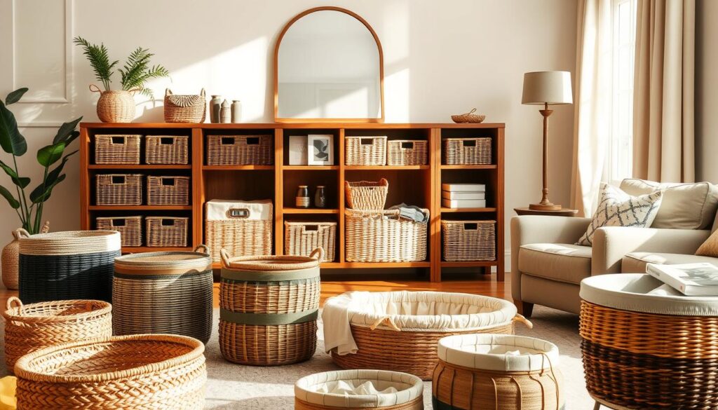 stylish baskets and bins in living room