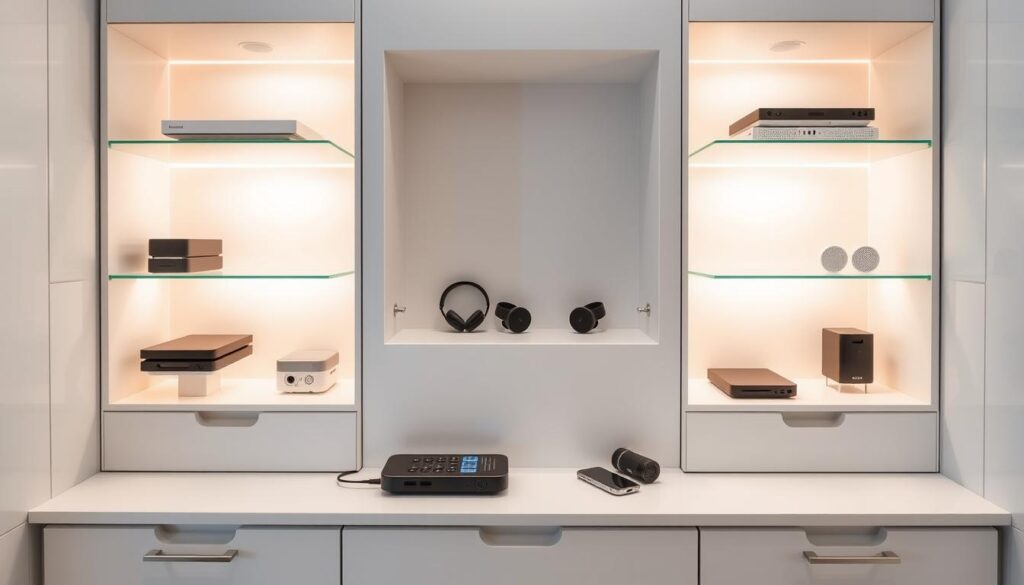 tech-friendly bathroom storage